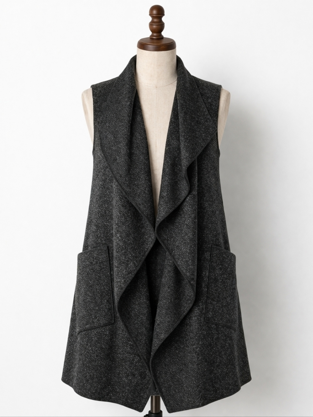 Janska Charcoal Cascade Vest sz S M Open Front Drape Pockets Made In USA Womens